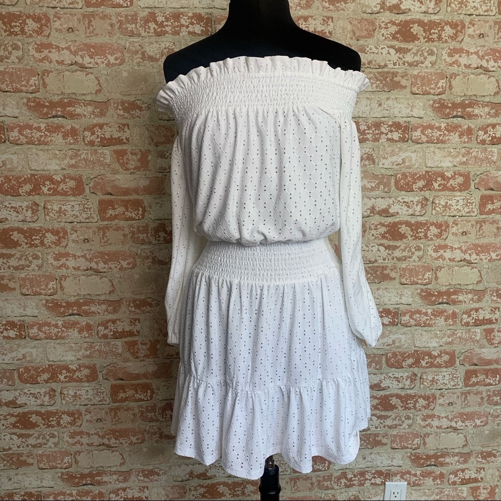 MICHAEL Michael Kors White Off-Shoulder Bishop Sleeve Dress